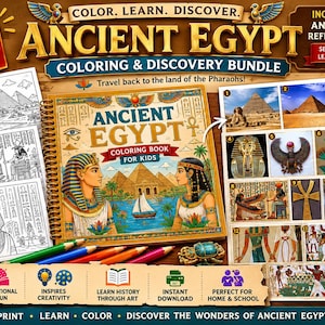 May include: An Ancient Egypt colouring and discovery bundle featuring a spiral-bound colouring book with illustrations of pharaohs and pyramids, 15 colouring sheets, and a reference sheet with 12 numbered photographs of historical Egyptian artefacts.