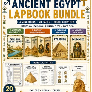 Paquete de lapbooks sobre el Antiguo Egipto para niños / 20 minilibros imprimibles / Unidad de estudio de historia para educación en casa / 6 hojas de trabajo con actividades en PDF