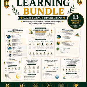 Op de afbeelding: Een groene en gouden Islamic Kids Learning Bundle met 13 afdrukbare vellen. De bundel bevat educatief materiaal over islamitische overtuigingen, Ramadan en Eid al-Adha. De tekst bevat "Leer, geloof en beoefen de islam".