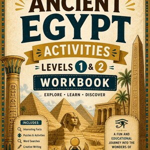 May include: An educational workbook, "Ancient Egypt Activities", for levels 1 & 2. The cover displays pyramids, a sphinx, and hieroglyphs. It includes interesting facts, puzzles, word searches, creative writing, and critical thinking exercises.
