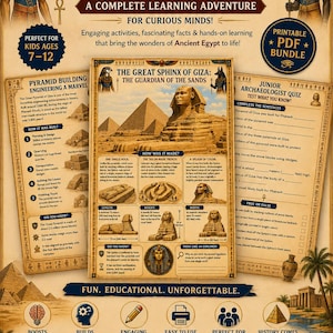 May include: Educational Ancient Egypt printable PDF bundle for kids ages 7-12. Features the Sphinx of Giza, pyramid building, and a junior archaeologist quiz. Includes engaging activities and facts about ancient Egypt.