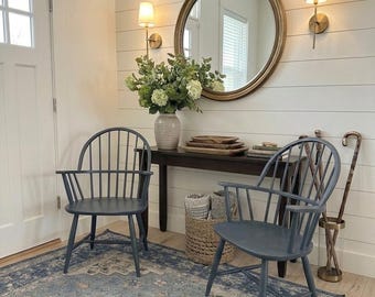 Blue Painted Windsor Armchairs – Set of 2 Spindle Back Accent Chairs