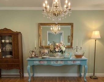 Bespoke Hand-Painted Teal Buffet | Vintage Floral Console with Cabriole Legs