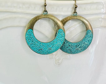 Patina Bronze hoop circle dangle earrings, Boho dangles