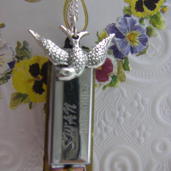 Harmonica Necklace, working mini harmonica, Song Bird