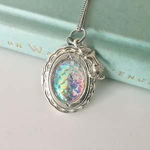 Silver Mermaid Locket, mermaid necklace, rainbow AB locket, Mermaid jewelry