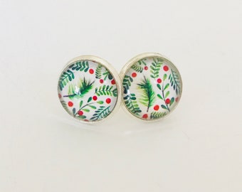 Holly earring studs, Christmas earring, branch and holly