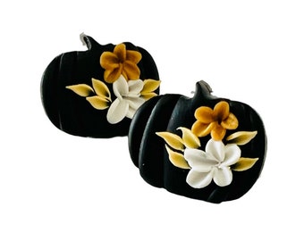 Black Floral Pumpkin Stud earrings, clay pumpkin studs, fall jewelry, small earrings