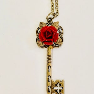 Red Rose Key Necklace, skeleton style key pendant