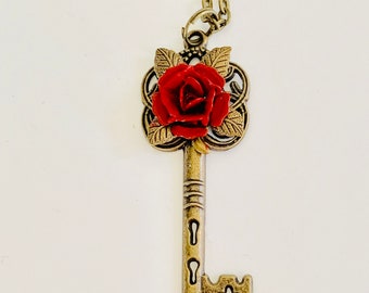 Red Rose Key Necklace, skeleton style key pendant