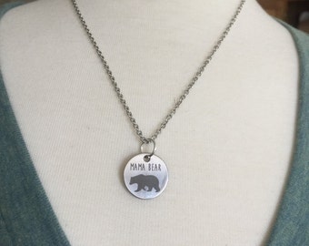 Mama Bear Necklace, Mom Gift, Stamped Jewelry, Silver Necklace, stainless steel