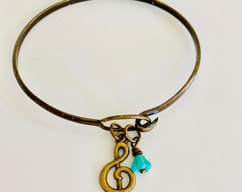 Music Note Charm Bracelet, treble clef bangle, boho style