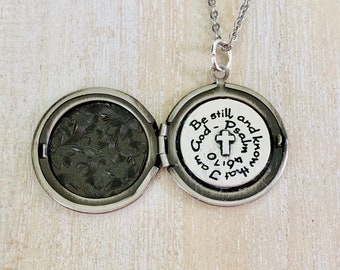 Be Still and Know Necklace, silver locket, scripture jewelry, Psalm 46