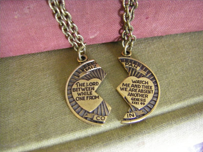Mizpah Coin Blessing Necklace Two Necklaces Couple Necklace Friend Loved One The Lord Watch Between Me And Thee Friend Family image 1