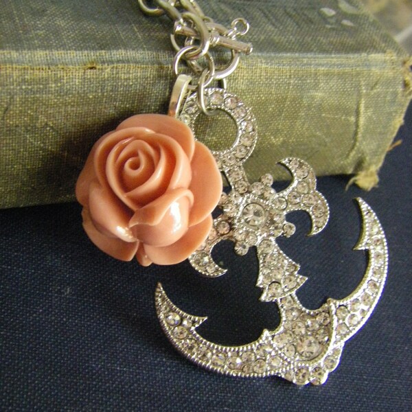 Large Silver Anchor Necklace Crystal Rhinestone Large Pink Rose nautical sailor girl bling
