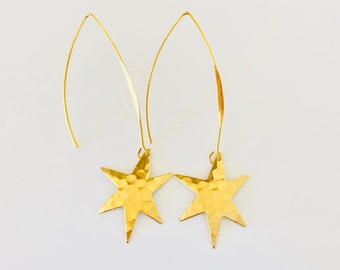 Gold Star Earrings, hammered star dangles