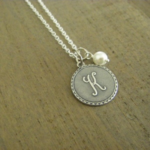 Initial Letter K Necklace Sterling Silver Chain Silver Initial Wire Wrapped Glass Pearl Gift For Her Personalized image 1