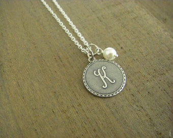 Initial  Letter K Necklace Sterling Silver Chain Silver Initial Wire Wrapped Glass Pearl Gift For Her Personalized