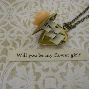 Flower Girl Locket Necklace Will You Be My Flower Girl Heart Locket Peach Or Ivory Rose Flower Girl Gift Wedding