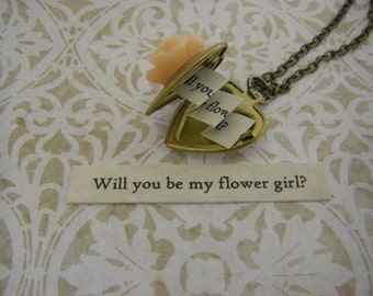 Flower Girl Locket Necklace Will You Be My Flower Girl Heart Locket Peach Or Ivory Rose Flower Girl Gift Wedding