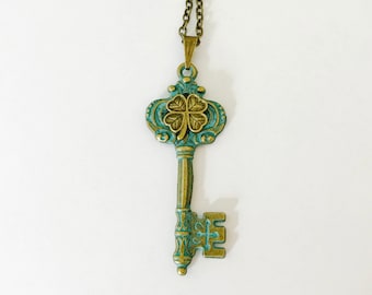 Shamrock necklace, four leaf clover, key necklace, Irish jewelry