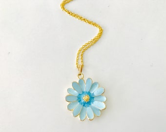 Blue Enamel Flower Pendant Necklace, blue Daisy , spring jewelry, gold chain