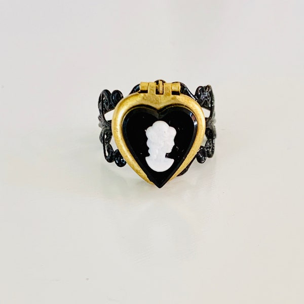 Locket ring, heart cameo locket, poison ring