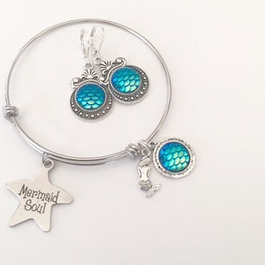 Mermaid Jewelry Set, Mermaid bangle bracelet, mermaid earrings, stainless steel, Limited Edition
