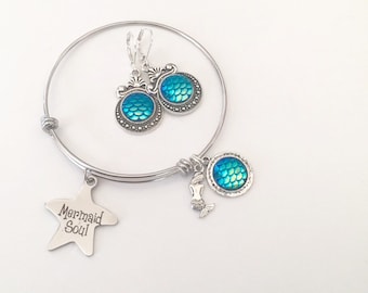 Ensemble de bijoux sirène, sirène bracelet de bracelet, boucles d’oreilles sirène, en acier inoxydable, édition limitée