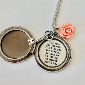 I'll Love You Forever I'll Like You For Always Mommy Silver Locket Key Pink Rose Silver Locket Necklace Mother's Day For Mom Of Bride Gift image 1