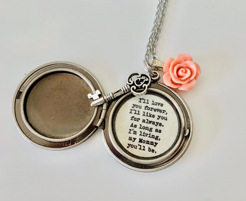 I'll Love You Forever I'll Like You For Always Mommy Silver Locket Key Pink Rose Silver Locket Necklace Mother's Day For Mom Of Bride Gift image 1