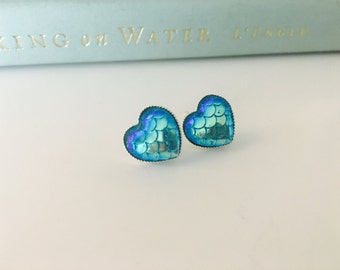 Mermaid earrings, heart mermaid earrings, blue mermaid scales, heart studs, heart stud earrings