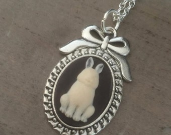 Bunny Cameo Necklace Rabbit Jewelry Silver Bow