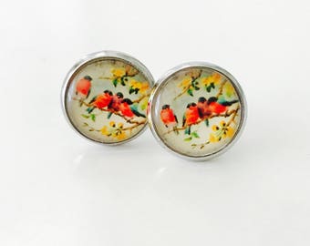 Bird Stud Earrings, red bird studs, nature jewelry