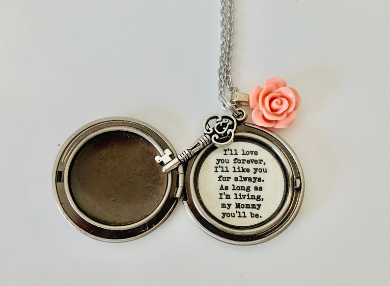 I'll Love You Forever I'll Like You For Always Mommy Silver Locket Key Pink Rose Silver Locket Necklace Mother's Day For Mom Of Bride Gift image 3