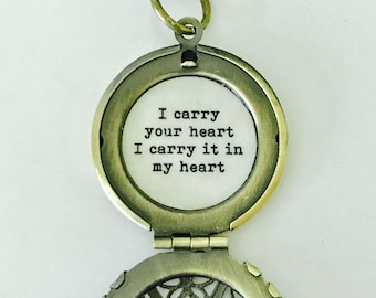 I carry your heart, i carry it in my heart locket, necklace, romantic jewelry, quote locket