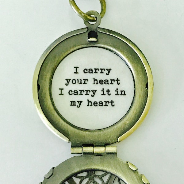 I carry your heart, i carry it in my heart locket, necklace, romantic jewelry, quote locket