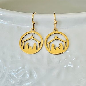 Nativity earrings, gold manger scene earrings