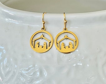 Nativity earrings, gold manger scene earrings