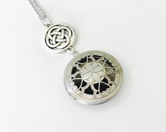 Essential Oil Locket, Celtic knot silver locket, stainless steel chain, long necklace