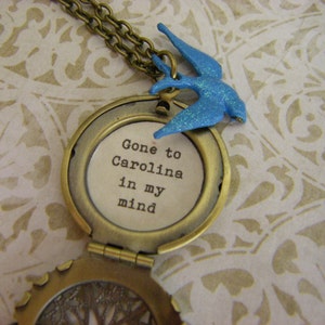 Blue Bird Locket, Necklace, Gone To Carolina In My Mind, Carolina Girl Blue Jay, Brass Locket image 1