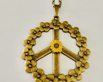 Peace Sunflower Necklace, Boho Summer, peace sign jewelry