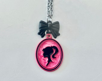 Barbie necklace, Barbie vintage silhouette pendant necklace, pink and black, ready to ship