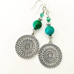 Boho Earrings, bohemian dangles, blue beaded earrings, Jasper beaded, silver medallion dangles