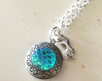 Mermaid Locket Necklace,  Silver Mermaid necklace, mermaid Scales, tiny Locket, silver locket