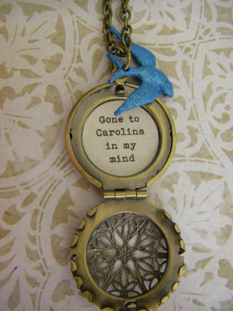 Blue Bird Locket, Necklace, Gone To Carolina In My Mind, Carolina Girl Blue Jay, Brass Locket image 2