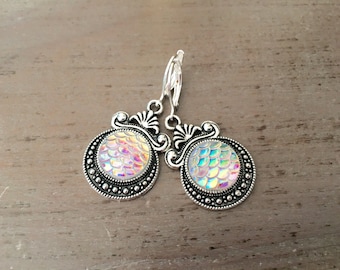 Mermaid Earrings, AB clear mermaid scales, mermaid dangles