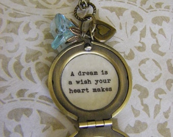 A Dream Is A Wish Your Heart Makes Necklace, Locket, Cinderella Jewelry, Brass Locket