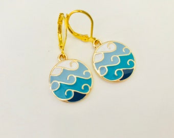 Ocean Wave earrings, wave dangle earrings, blue ombre