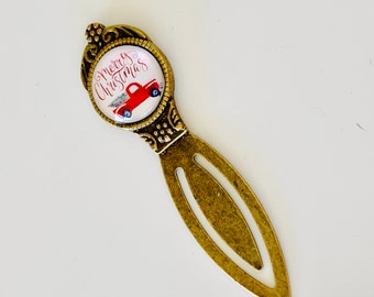 Christmas bookmark, red truck and tree, teacher gift